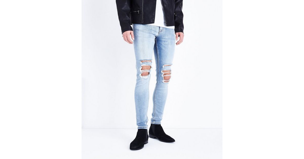 Blue Ripped Knee Super Stretch Skinny | New Look