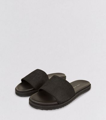 Wide Fit Black Textured Leather Sliders 