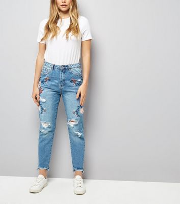 Blue Floral Embroidered Mom Jeans | New 