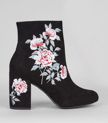 Black Suedette Floral Embroidered Boots 