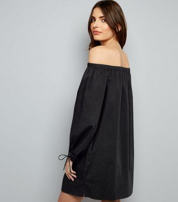 Black Button Front Bardot Neck Dress New Look