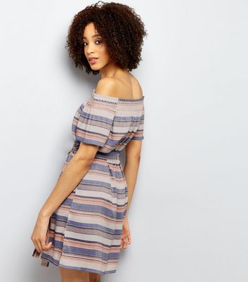 Blue Stripe Shirred Tie Waist Bardot Dress New Look