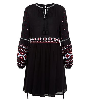 Black Embroidered Trim Smock Dress New Look