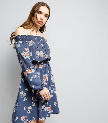 Blue Floral Print Long Sleeve Bardot Neck Dress New Look