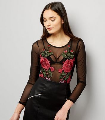 black floral embroidered mesh top