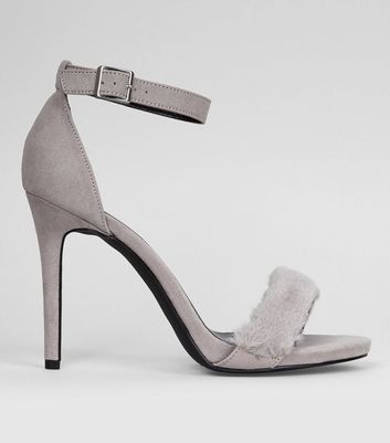 Wide Fit Grey Faux Fur Strap Heels 