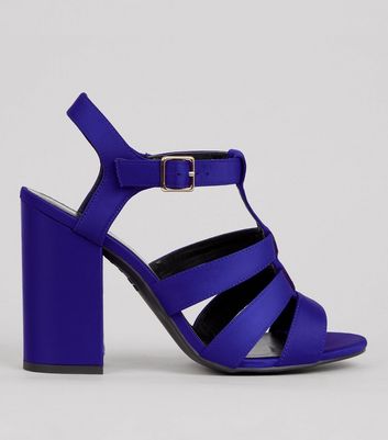 blue satin block heels