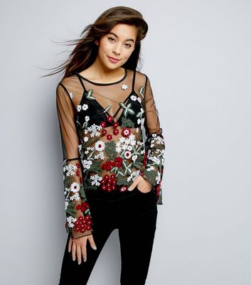 black floral embroidered mesh top