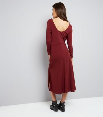 Burgundy Long Sleeve Skater Midi Dress New Look