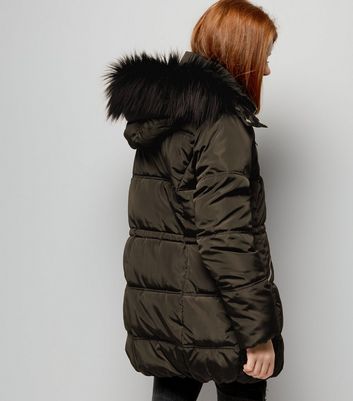 Teens Khaki High Shine Faux Fur Trim High Shine Fur Trim Hooded Puffer Coat