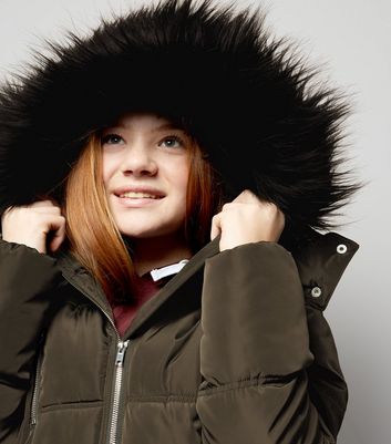 high shine hooded padded coat with faux fur trim