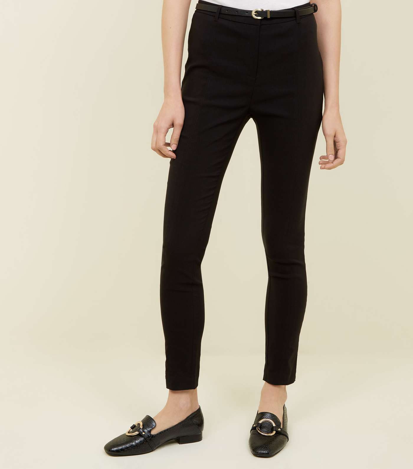 Black Belted Slim Leg Stretch Trousers Image 2