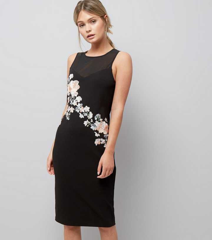 Black Premium Floral Embroidered Mesh Panel Bodycon Dress