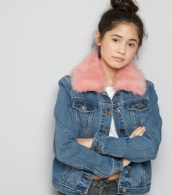 girls denim jacket with fur collar