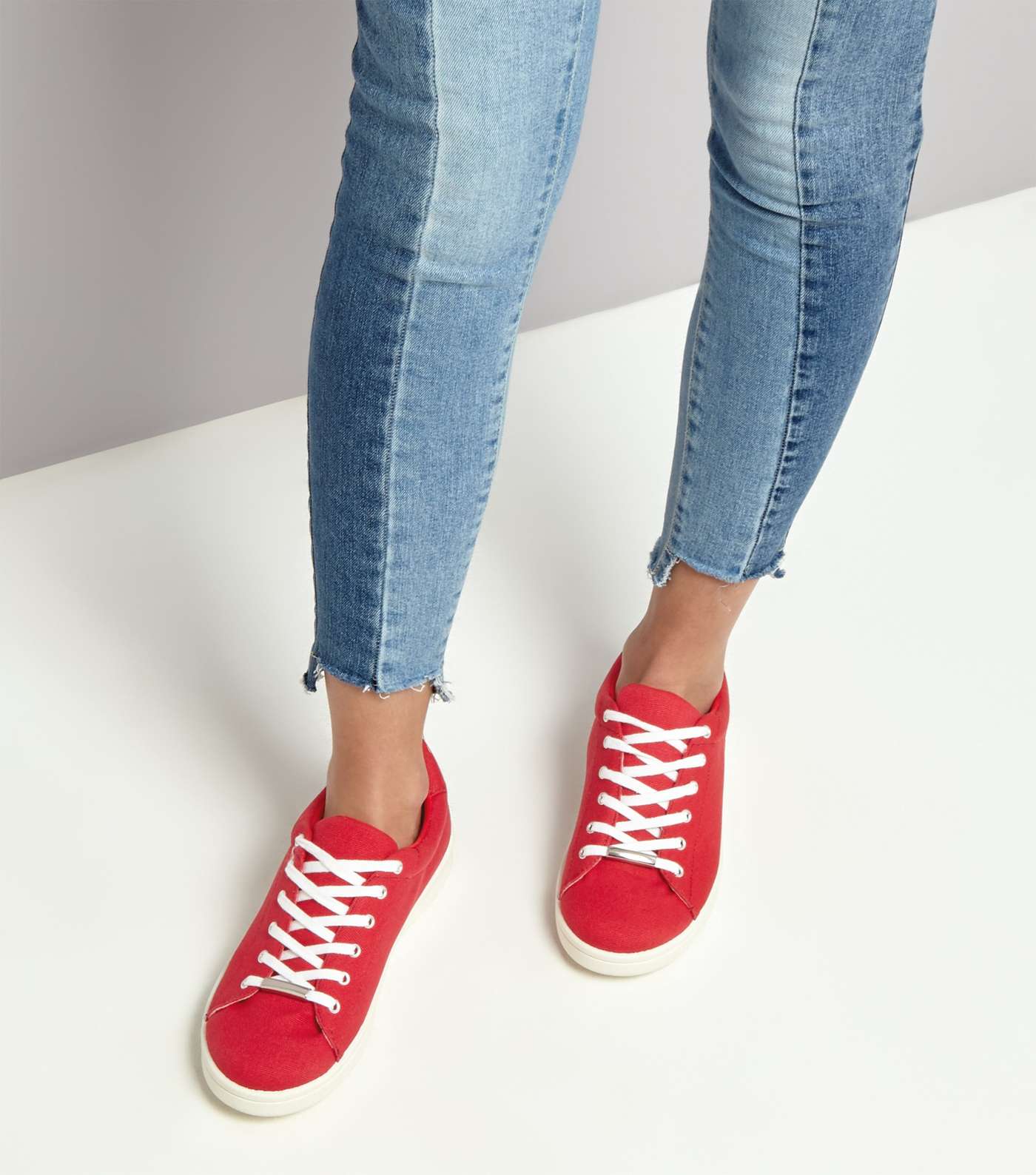 Red Canvas Lace Up Metal Trim Trainers Image 3