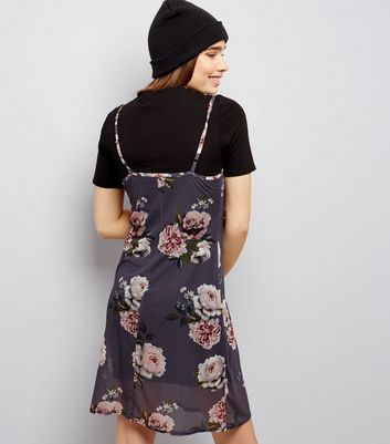 Grey 2 In 1 T-Shirt And Floral Mesh Slip Dress New Look