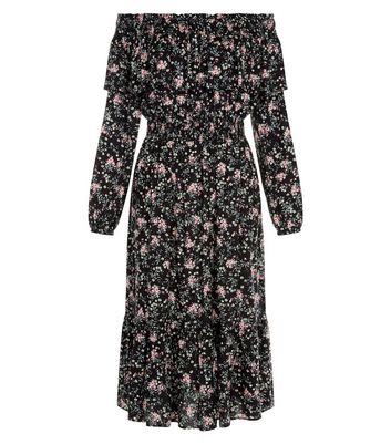 Black Floral Print Frill Trim Bardot Neck Midi Dress New Look
