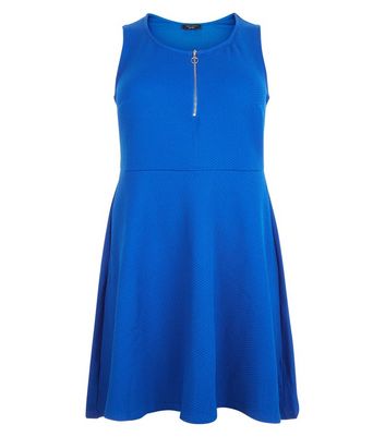 Curves Blue Zip Front Textured Skater Dress New Look