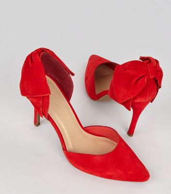 Red Suede Bow Back Pointed Heels | New Look
