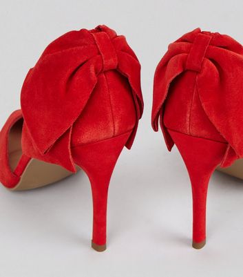 Red Suede Bow Back Pointed Heels | New Look
