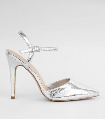silver pointed heels with ankle strap