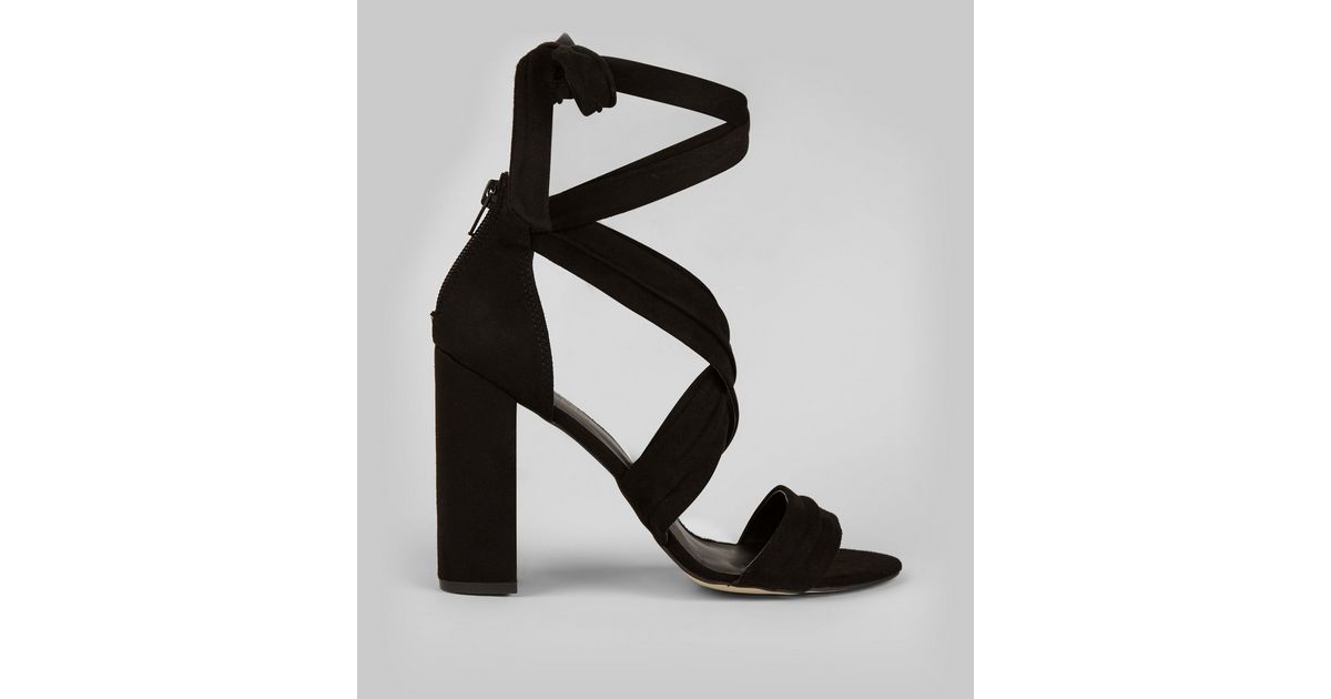 Black Suedette Ankle Tie Block Heels New Look