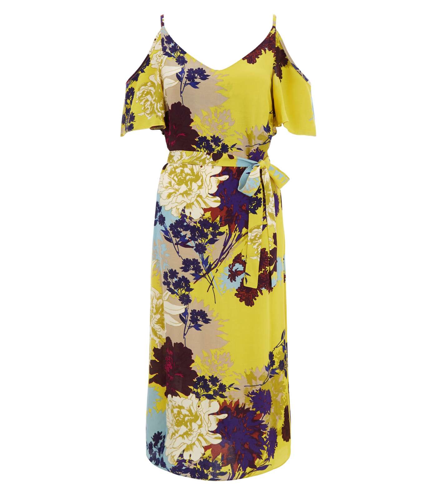Yellow Floral Print Cold Shoulder Midi Slip Dress Image 4