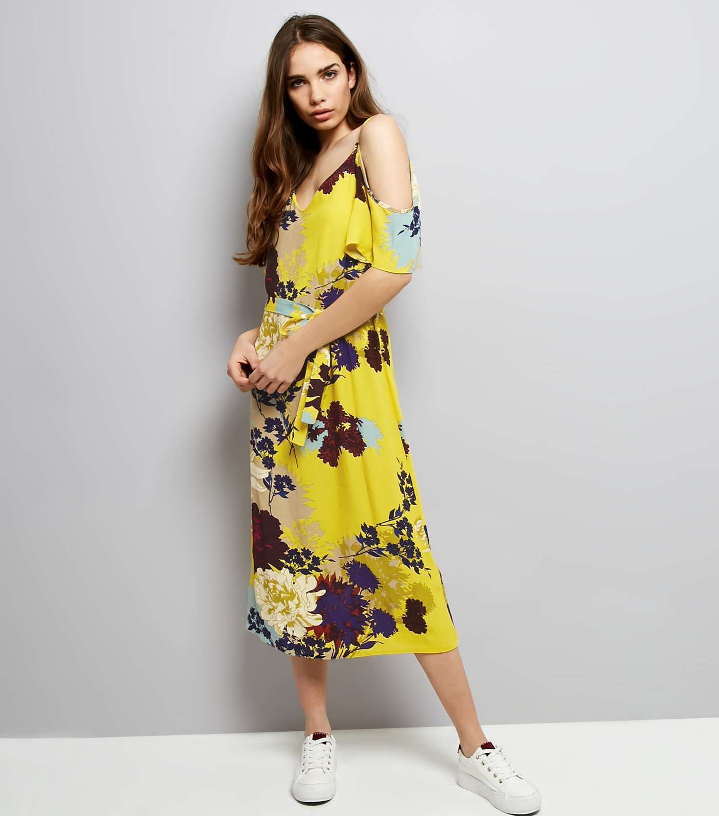 Yellow Floral Print Cold Shoulder Midi Slip Dress Image 2