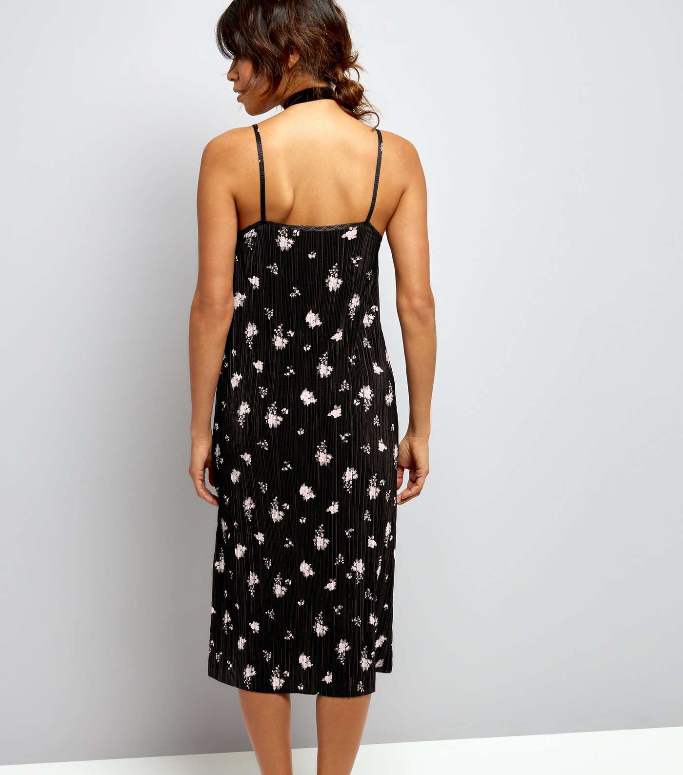 Black Floral Print Pleated Midi Slip Dress  Image 3