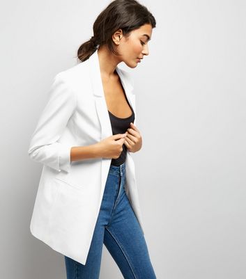 White Ruched Sleeve Blazer New Look