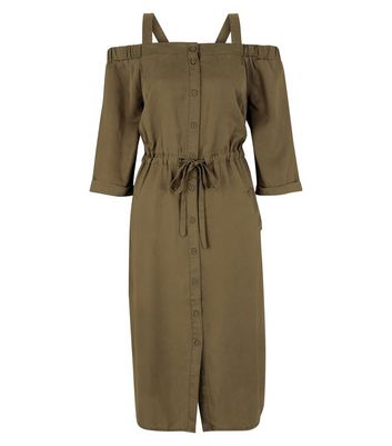 Khaki Tie Waist Cold Shoulder Midi Dress New Look