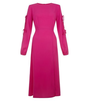Bright Pink Tie Sleeve Split Side Midi Dress New Look