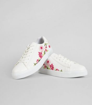 White Floral Embroiderd Trainers | New Look