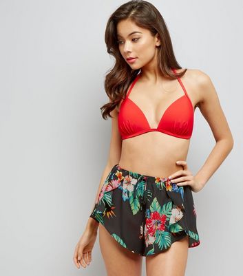 Black Tropical Print Beach Shorts | New 