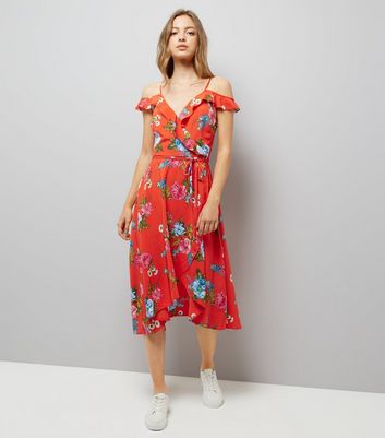 new look red floral midi dress