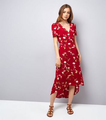 Red Floral Print V Neck Midi Dress 