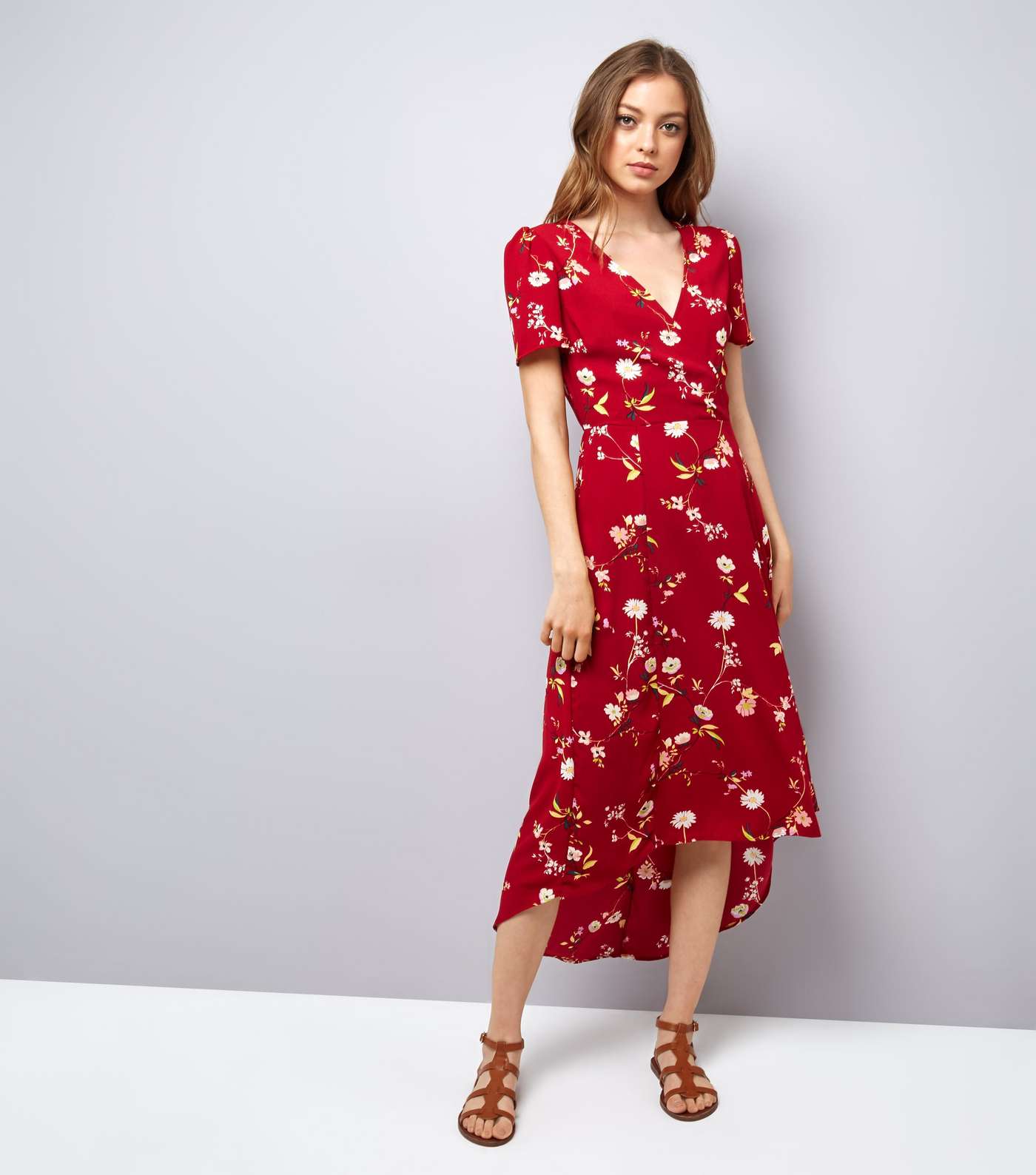 Red Floral Print V Neck Midi Dress