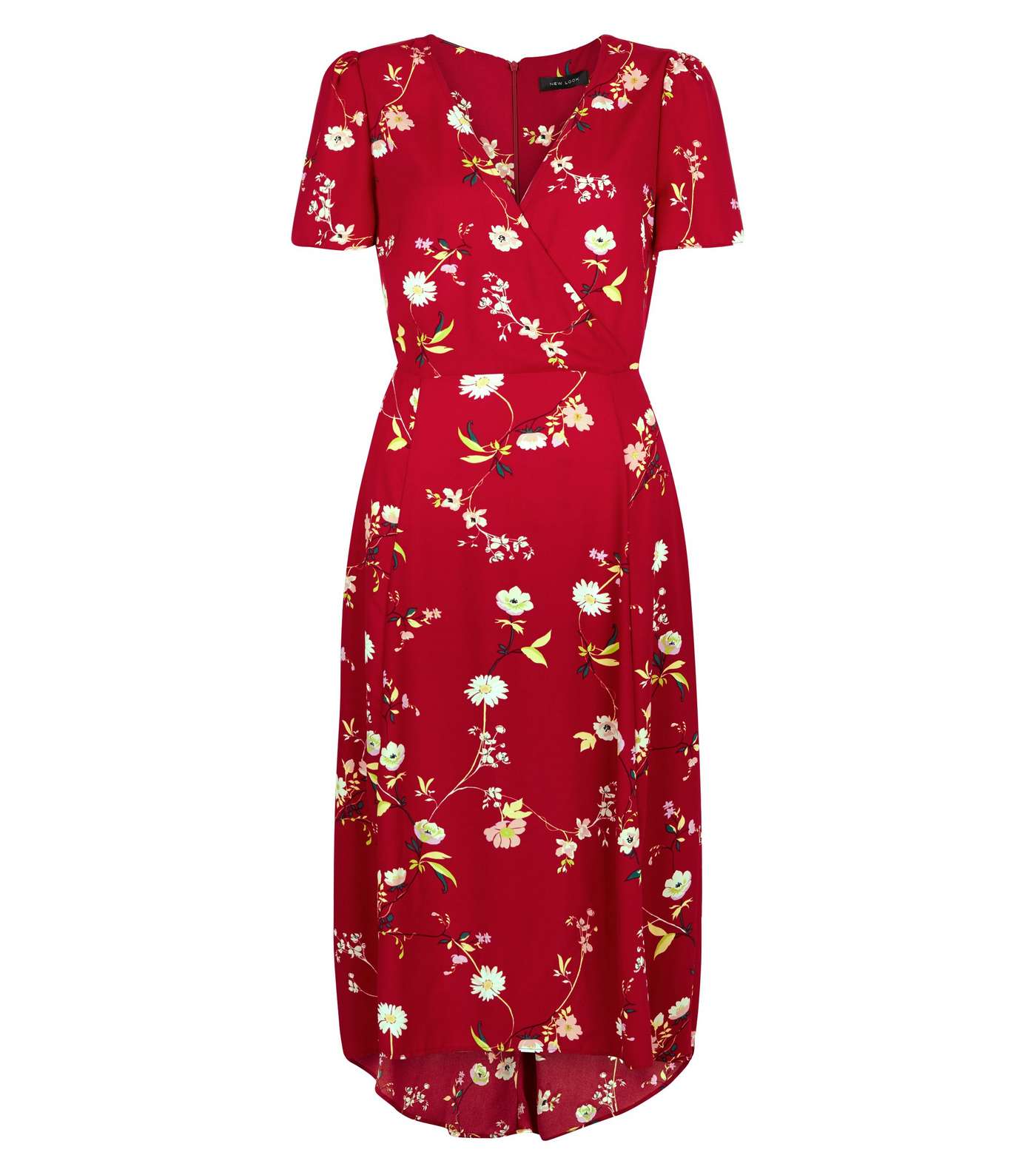 Red Floral Print V Neck Midi Dress Image 3