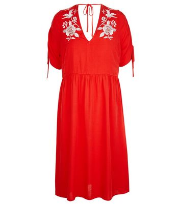 Red Floral Embroidered Smock Dress New Look