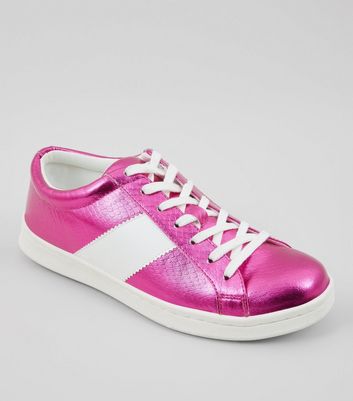 Pink Metallic Lace Up Trainers | New Look