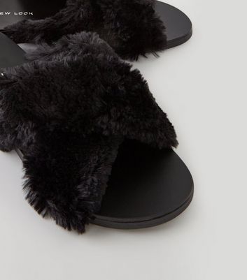 Wide Fit Black Faux Fur Cross Strap Sliders New Look