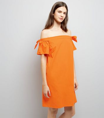 Bright Orange Tie Sleeve Bardot Neck Dress New Look