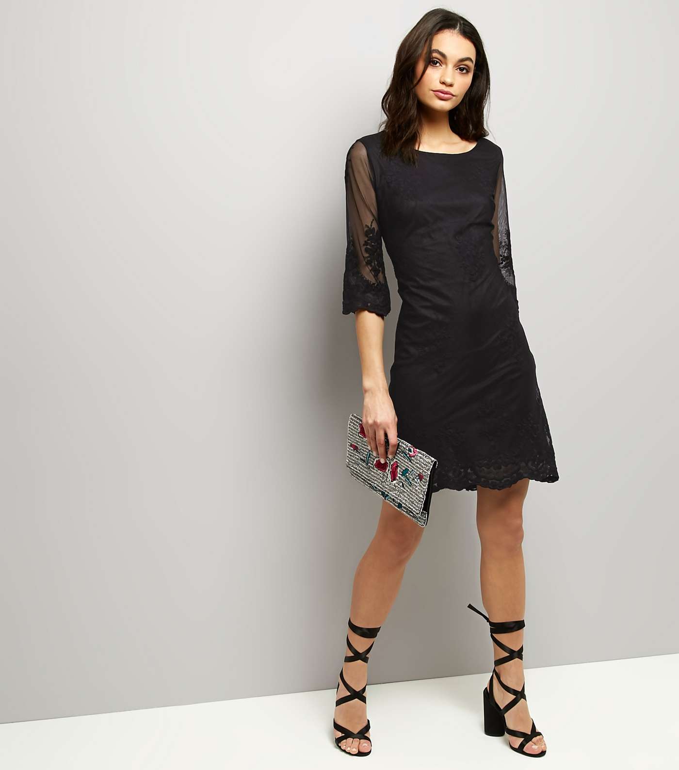 Mela Black Mesh Embroidered Sleeve Mini Dress  Image 2
