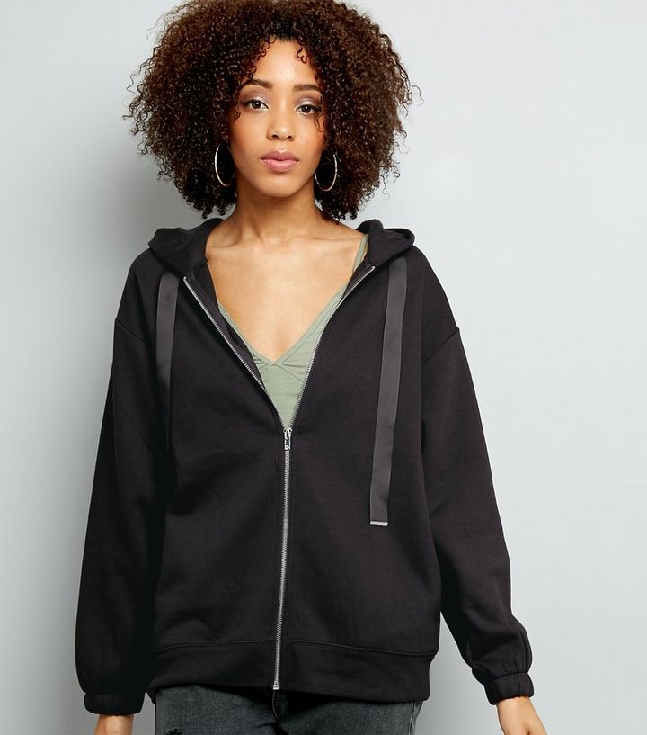 Black Zip Front Oversized Hoodie New Look