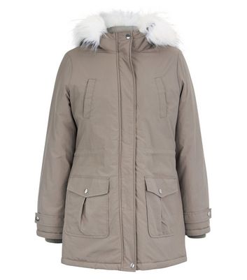 Grey Faux Fur Trim Hooded Parka New Look