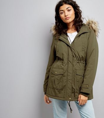 Khaki Faux Fur Trim Hooded Parka New Look