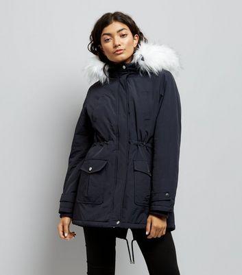 Navy Faux Fur Trim Hooded Parka New Look