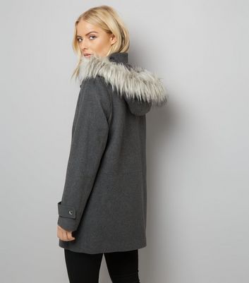 Grey Faux Fur Trim Hooded Duffle Coat New Look