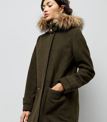 Khaki Faux Fur Trim Hooded Duffle Coat New Look
