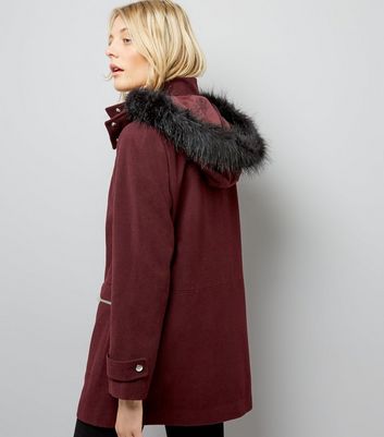 Burgundy Faux Fur Trim Hooded Duffle Coat New Look